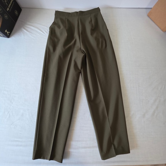 Vintage Pleated High Waist Trousers Side Buckle Size 12 Olive Green 80s Office - Picture 7 of 7